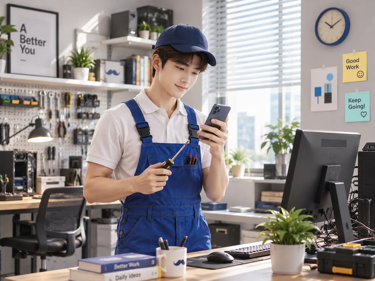 维修工人用手机提交门店报修