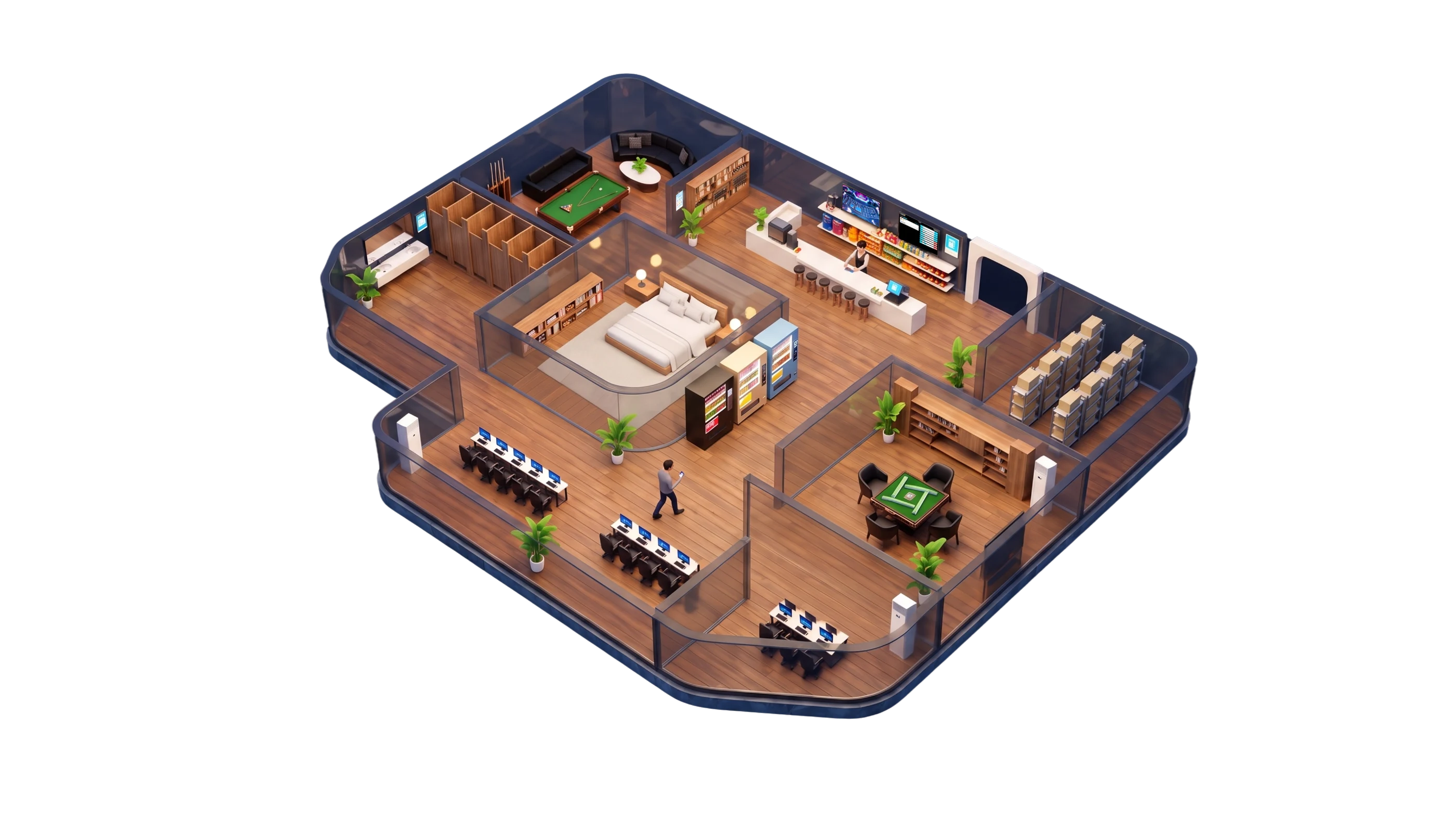 玩吧连锁网咖 3D 场景:台球、酒店、棋牌、收银、仓储等多终端覆盖